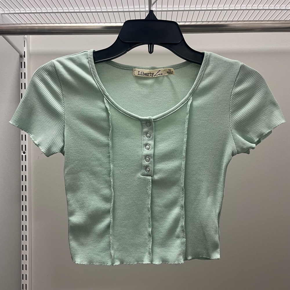 Liberty Love Light Green Button-Up Crop Top